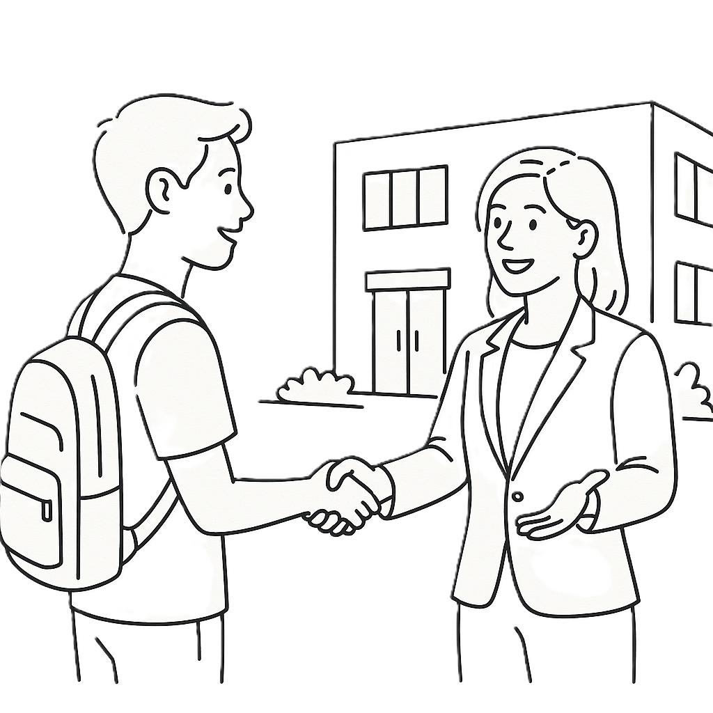 Mentor schud hand van student voor gebouw